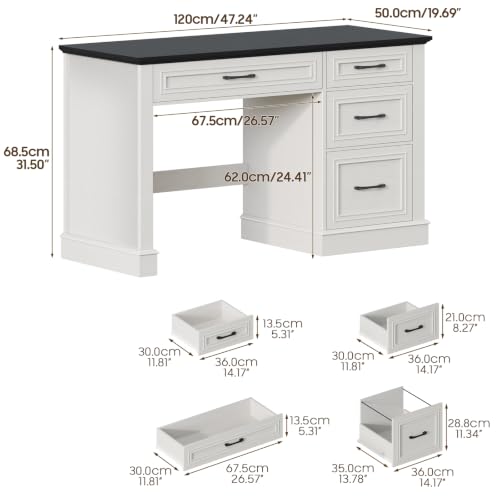 Image of Farmhouse 47 inch Executive Desk with File Drawer, Computer Desk with 4 Drawers, Workstation for Writing, Study, Home Office, Black.