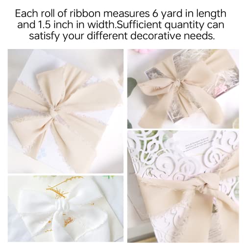 Chiffon Ribbon, 3 Rolls 1.5 Inch X 6 Yard Handmade Fringe Chiffon, Handmade Silk Ribbon For Gift Wrapping, Wedding Invitations, Bouquet Wrap, Bridal Bouquets, Diy Crafts (White/Dusty Pink/Brown) #TOP4