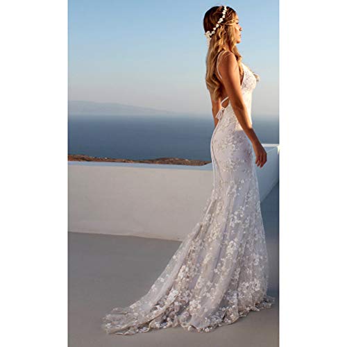 Vestido feminino de noiva com alças finas, costas nuas, estilo sereia, renda para casamento, Branco,