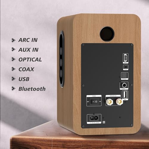 LONPOO Bluetooth Bookshelf Speakers with ARC, 100W Active Powered Speakers, USB/AUX-in/Optical/Coaxial, 4" Woofer and 1.5" Tweeter (Wooden)