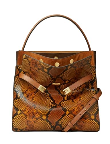 Tory Burch 71927 Dark Caramel Brown Snake Embossed Leather With Gold Tone Hardware Lee Radziwill Women's Double Bag