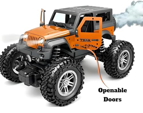Image of Remote Control Off Road Rock Climbing Car for Kids, Rechargeable Thar Toy with Mist Spray, Openable Doors, Front LED, Shock Absorbers, Mobile Connect, USB-C Port & 75ft Range (Red)
