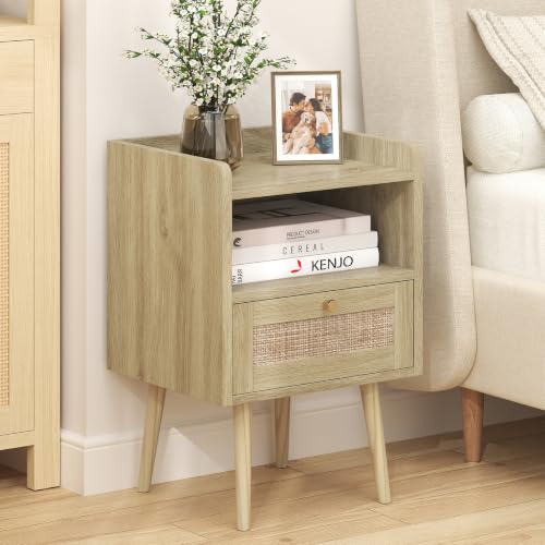 Image of MECHYIN Night Stand with Charging Station & Rattan Decor Drawer, Boho Bedside End Table with Solid Wood Feet, Bed Side Table with Open Storage for Farmhouse Bedroom Living Room Dorm - Natural