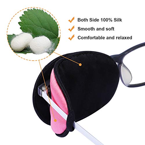 Image of eZAKKA Eye Patches for Adults, Eye Patch for Glasses, Silk Patch for Lazy Eye Amblyopia Strabismus and After Surgery (Peach Pink+Black)