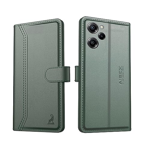 Image of AIBEX Compatible for Poco M6 Pro 5G / Redmi 12 4G / Redmi 12 5G Flip Cover Leather Finish | Inside TPU with Card Pockets | Wallet Stand | Complete Protection Flip Case - Green