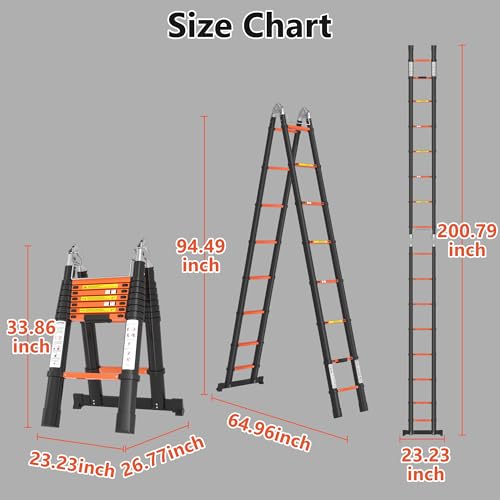 Image of Telescoping Ladder A Frame 16.5Ft with Stabilizer Bar, Black+Orange | 330 LBS Capacity, Aluminum, Collapsible Extension Ladder with Non-Slip Feet for House, Roof, RV & Travel Trailer