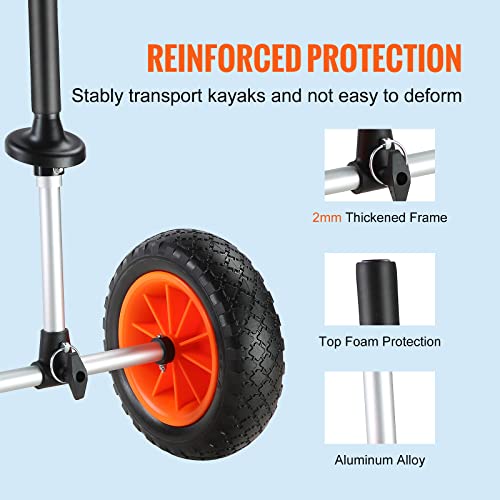 VEVOR Sit on Top Kayak Cart Dolly, Detachable Canoe Trolley Cart with 10\'\' Solid Tires, 280lbs Load Capacity, Adjustable Width for Kayaks with Drain Holes of 1’’