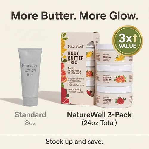 NATURE WELL Shea Body Butter Variety Pack, Includes Grapefruit, Mango, & Pomegranate, Provides Ultimate Nourishment & Hydration, 3 Pack (8 Oz Ea)