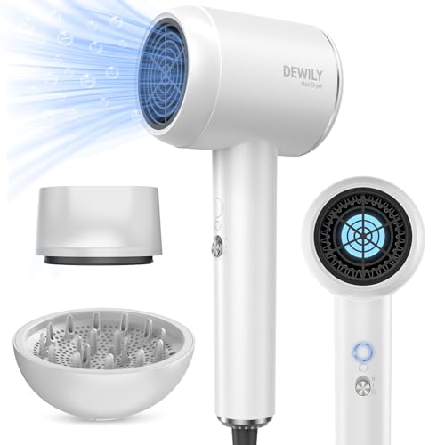 Secador de pelo profesional de iones DEWILY con difusor concentradores, secado rápido de 1800 W, con 2 velocidades y 4 ajustes de calor, secador de viaje para familia (blanco y plateado)
