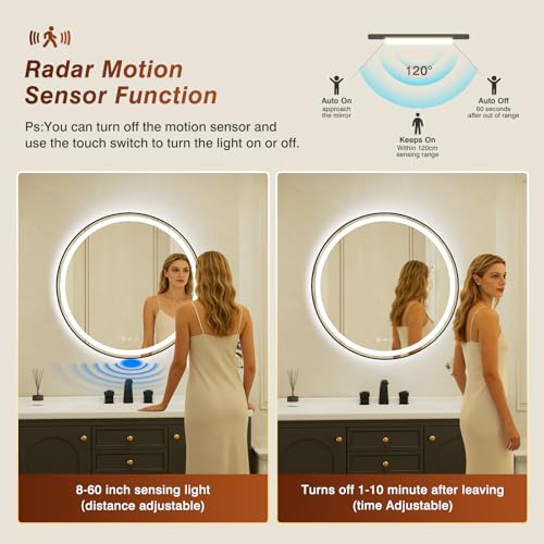 30 Inch Round Black Framed LED Bathroom Mirror with Lights,Smart Bathroom Mirror,Motion Sensor,Tempered Glass,Anti-Fog,Stepless Dimmable & 3 Colors,Memory,Vanity Mirror for Wall by Jing yi ming jing - Used condition - Image 4