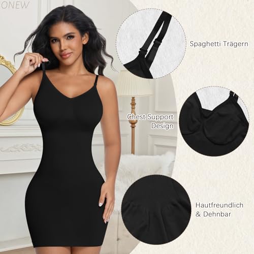 ONEW Bauchweg Shapewear Miederkleid Damen Nahtlose Unterkleid Taillenforme Formkleid Tummy Control Shaping Full Slip Schwarz M