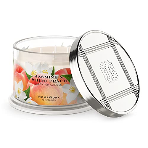 Premium Scented 4-Wick Candle, Jasmine & White Peach, Homeworx By Slatkin & Co - 18 Oz - Long-Lasting Jar Candle, 30-55 Hours Burn Time - White Jasmine, Bamboo, Apricot & Orange Leaves #TOP20