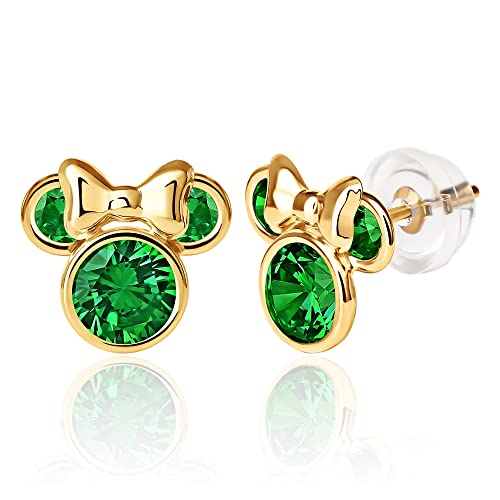 Disney Womens Minnie Mouse May Birthstone Earrings - Disney 10K Gold Stud Earrings - Faux Emerald Earrings (May Green Cubic Zirconia) #TOP2