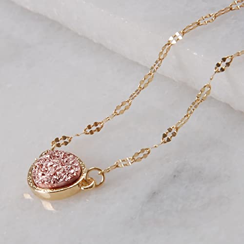 Humble Chic Simulated Druzy Delicate Necklace - Gold-Tone Dainty Chain-Link Simple Pendant - Oval Created Geode Stone Charm, Gold - Rose Gold Stone #TOP7