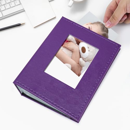 Image of Vienrose Small Photo Album 4x6 Holds 200 Photos, 2 Pack Mini Leather Photo Album with Cover Window, Acid-Free Baby Picture Album for Wedding, Family, Travel & Gift Keepsake, Purple