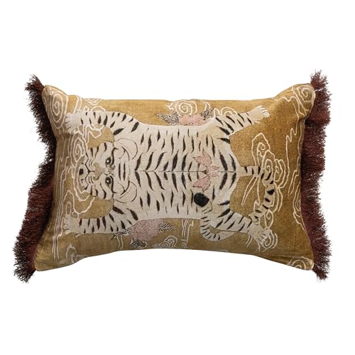 Creative Co-Op Tibetan Tiger Print Fringe Cotton Velvet Lumbar Pillow, Multicolor Finish