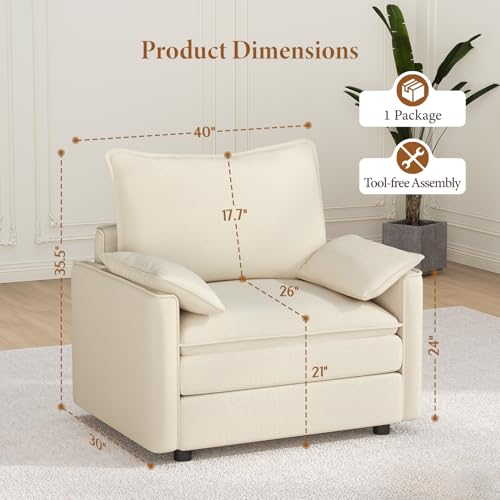 Image of Vesgantti 40 inch Single Seat Sofa, Comfy Cloud Couch Deep Seat Upholstered Couch Chenille Modern Sofa with Armrest Pillow, Easy Assembly for Living Room, Bedroom and Apartment, Beige