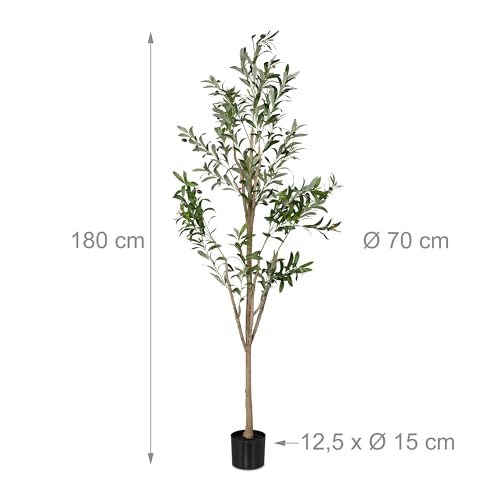 Relaxdays künstlich, 180 cm hoch, Kunststoff, Stein, Kunstpflanze, Deko-Olivenbaum, Kunstbaum, grün/braun