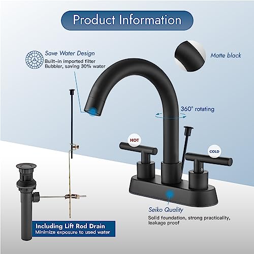 Bathroom Faucet with Lift Rod Drain,4 Inch Centerset 3 Hole,Matte Black by Cinwiny - Used condition - Image 5
