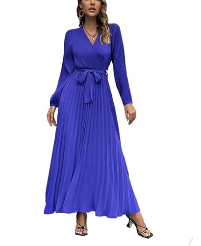 Women's Pleated A Line Flowy Maxi Dress Long Sleeve Swing Loose Spring Fall Pleated Dress with Belt
