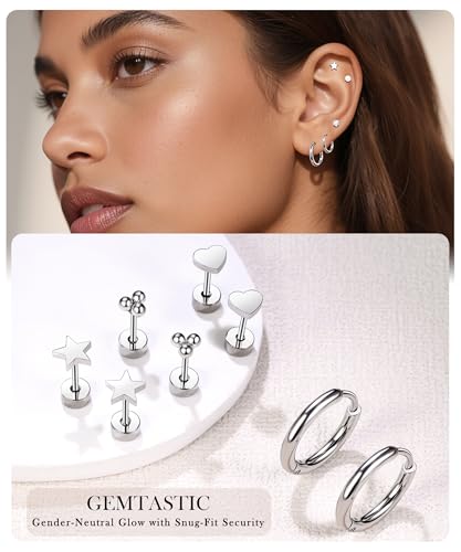 Flat Back Stud Cartilage Earrings for Women Surgical Stainless Steel Earring Sets Stack for Sensitive Ears Multiple Piercing Silver Screw Back2