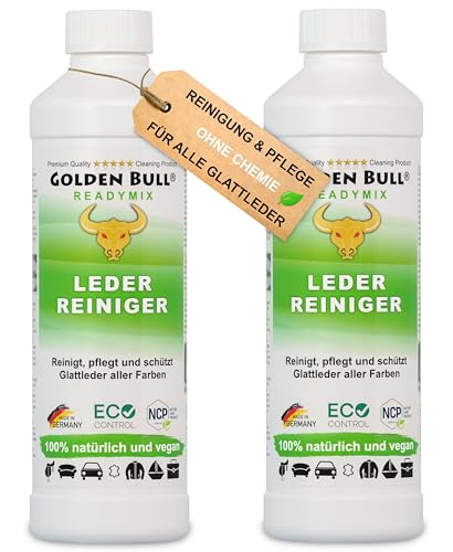 Golden Bull® Lederreiniger & Lederpflege für Ledercouch 2x500ml [STARK - VEGAN - OHNE Chemie] Leder Reiniger mit natürlichem Kokosöl für nachhaltige Reinigung & Pflege von Ledersofa Auto Couch Jacke