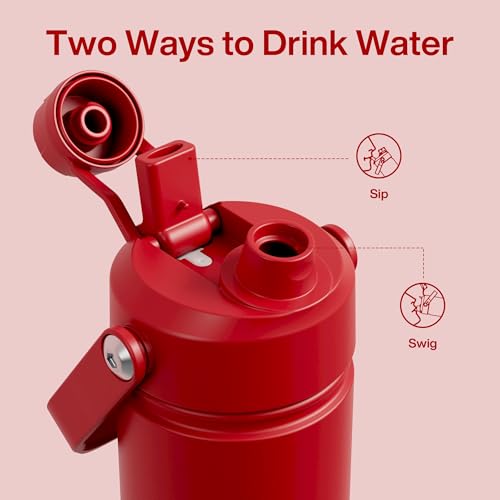 Image of Kids Insulated Water Bottle with Straw - 12oz Stainless Steel Water Bottle with Dual Spouts, Leak-Proof, BPA-Free, Double Wall Vacuum Keeps Cold for 24 Hours for Sports, Travel (Medium Carmine)