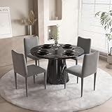 48' Black Marble Round Dining Table with Stone Finish for 4 5 6 8 People, Mid-Century Modern Round Kitchen Table, Dining Table for Home Dining Room Kitchen Living Room Restaurant Furniture