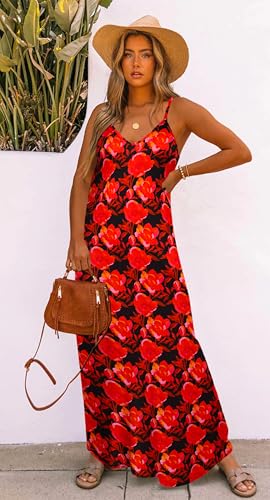 Image of Bluetime Women Summer Spaghetti Strap Maxi Dress V-Neck Sleeveless Flowy Boho Floral Beach Long Dress with Pockets