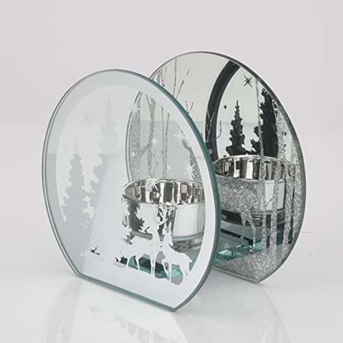 Image of Christmas Tea Light Holder Silver Mirrored Glass - Reindeer & Woodland Design Candle Holder for Christmas Decor - Indoor Xmas Decorations Table or Mantlepiece Decoration