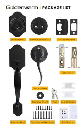 Image of Goldenwarm Double Front Door Lock Set, Black Double Door Handle with Dummy, Double Classic Front Door Hardware Set with Reversible Wave Handle Lever, Matte Black Double Entry Door Lock Set