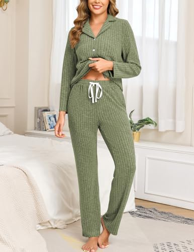 Image of Veseacky Women's Ribbed Knit Pajamas Set 2 Piece Warm Soft Loungewear Sleepwear Pjs S-XXL