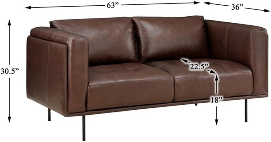 Pemberly Row Top Grain Leather 2-Piece Sofa Set, Brown Finish, Low-Back Modern Design with Espresso Metal Legs, Tufted Details, High-Density Foam, Solid Wood Frames, Contemporary Living Room Seating