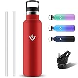 Grsta Botella Agua Acero Inoxidable, Reutilizable Botella Termica 1 litro con Pajita y Filtro, Sin BPA Cantimplora Termica con 2 Tapones, Termo a Prueba de Fugas para Deporte, Gimnasio, Cámping