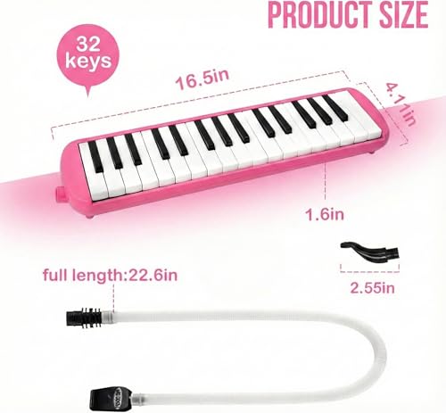 Image of PERLMAN 32 Keys Melodica Instrument, Soprano Melodica for Kids Air Piano Keyboard Pianica with Soft Long Tubes, 1 Short Mouthpiece and Carrying Bag (Pink)