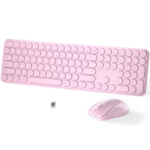 Wireless Keyboard and Mouse Set – MPTOG Full-Sized 110Pcs Slim Round Key Design, Quiet Typing, Adjustable DPI Ergonomic Mouse, Wireless Combo for PC, Mac, Laptop, Tablets(Sakura Pink)