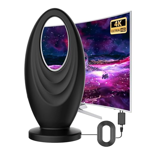 GBOKYN Antena de TV Interior, Antena de TV Interior Potente HD con amplificador, 480 km Recepción Antena TNT Impermeable con Cable Coaxial de 5M, Base Magnética Potente, Antena de TV para 1080P 4K