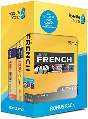 Education & Reference - Rosetta Stone Learn French Bonus Pack Bundle| Lifetime Online Access + Grammar Guide + Dictionary Book Set| PC/Mac Keycard