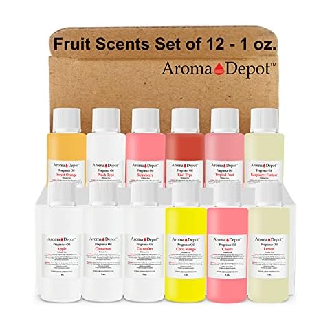 Aroma Depot Set of 12-1oz Fragrance/Perfume/Body Oil Apple Cinnamon Cucumber Coco Mango Cherry Lemon Orange Peach Strawberry Kiwi Tropical Fruit Raspberry UNCUT Cover