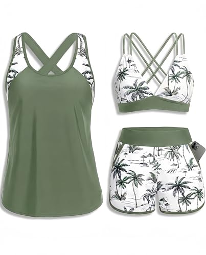 Daci Green Palm Tree Women 3 Piece Tankini Swimsuits -
