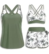 Daci Women 3 Piece Tankini Swimsuits - Tummy Control Tank Top with Bra Modest Bathing Suit with P...