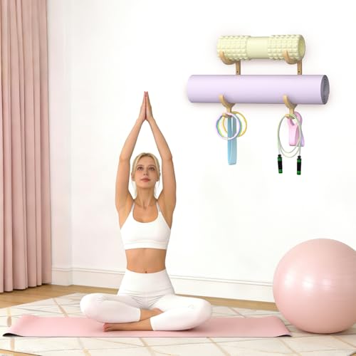 BSTSLL Wooden Yoga Mat Holder Wall Mount, Yoga Mat Storage Rack, Home Gym Equipment Organizer, Wall Mount Workout Storage Holder for Hanging Foam Rollers and Resistance Bands (2-Tier) - Thumbnail 7