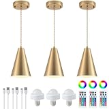 Dijiahua Gold Battery Operated Pendant Lights Kitchen Island 3 Pack with Remote Control,Wireless Rechargeable 12 Color Temperatures Lamp Fixtures with Brass Metal Shade, Modern Hanging Lighting
