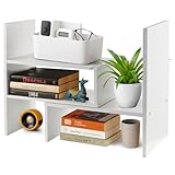 Toemics Adjustable Desktop Bookshelf Expandable Wooden Desk Organiser, Small Desktop Storage Rack for Books, Office Supplies, Space-Saving Bookcase for Home Office (White)