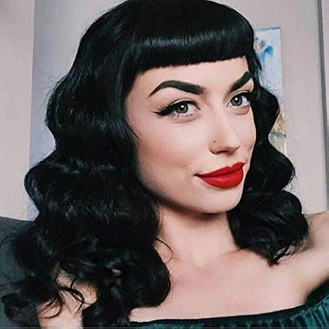 G&T Wig Rockabilly Vintage Wigs for Women, Short Black Wig with Bangs, Shoulder Length Heat Resistant Short Curly Bettie Page Wigs for Cosplay & Daily Use Cover