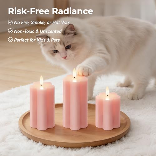 Image of Pink Flower LED Real Wax Flameless Battery-Operated Pillar Candles