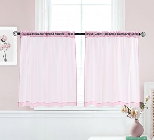 PI Sheer Curtains,Small Window Treatment Light Voile with Rod Pocket for Café/Kitchen/Bedroom/Living Room 2 Panels (W42XL45,Bright Pink)
