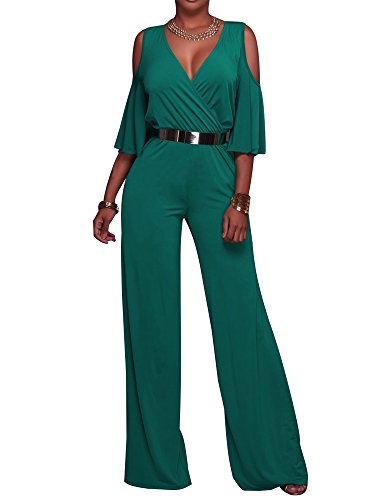 CutieLove Enterizo sexy con cuello en V profundo, hombros descubiertos, manga con volantes, pierna ancha y cinturón para mujer, Verde oscuro, S