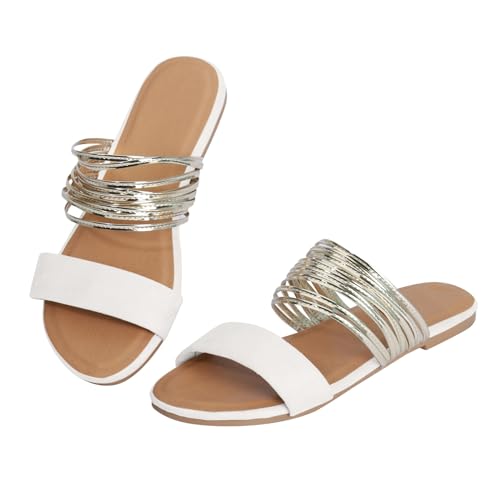 ZSpzx Women's Slip On Sandals Open Toe Sparkly Bing Silver Ring Strap Backless Flat Sandal Ladies Comfortable Slides Cushion Footbed Casual Slippers Non-Slip Beach Shoes for Daily Wear Outdoor Indoor