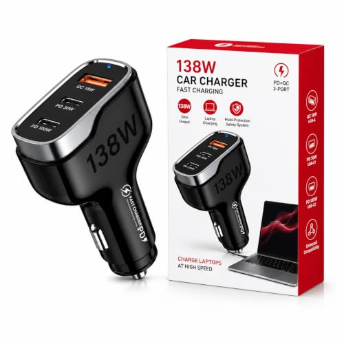Image of Primate 138W USB C Car Charger, 3-Port Fast Car Charger with 100W PD USB-C & 30W PD Type C + 18W QC3.0 USB-A, Super Fast Car Charger Adapter for MacBook, iPhone 16 /15 /14, Samsung, iPad, Laptop